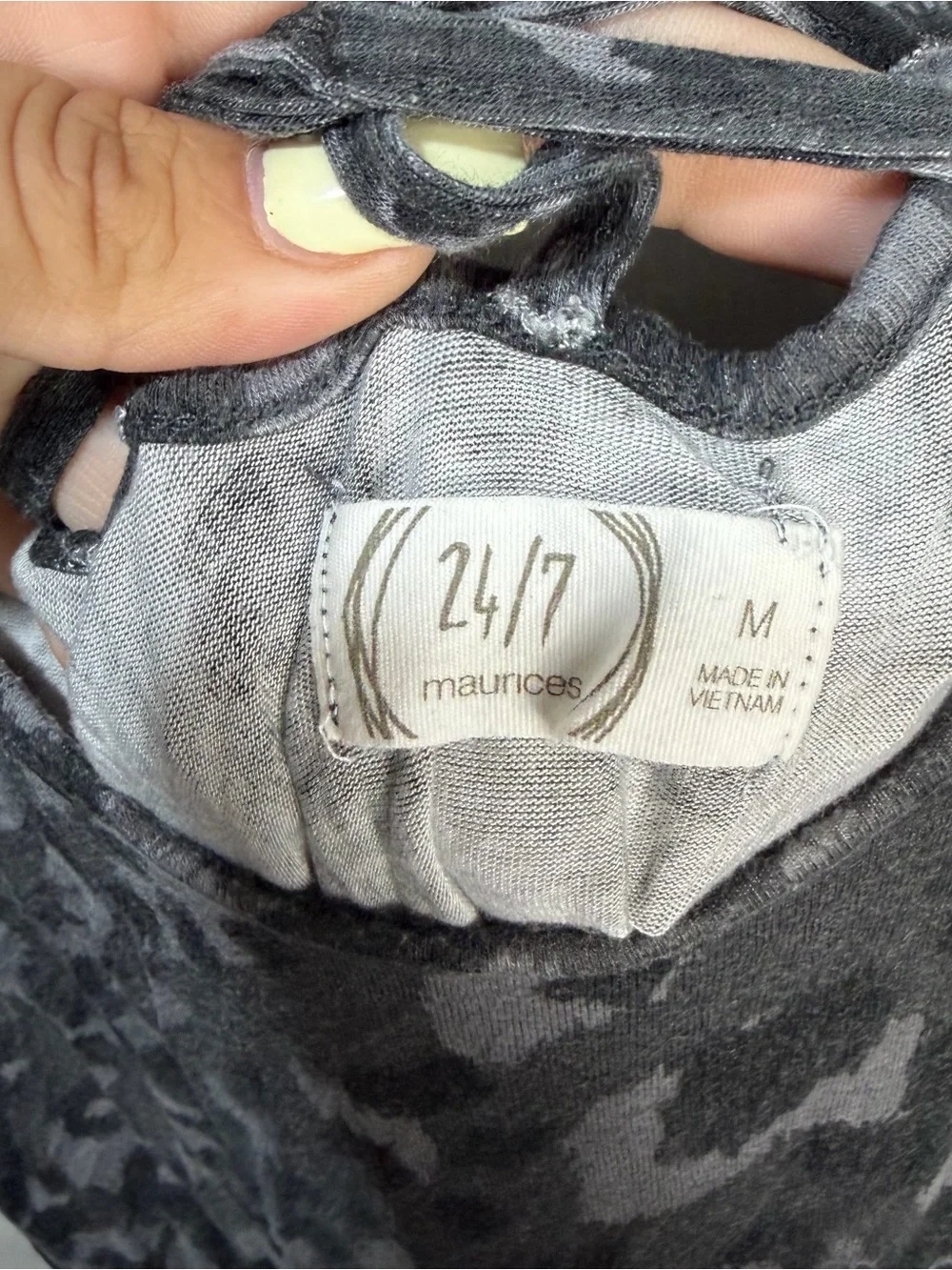 24/Maurices gray leopard print tank top with intricate multi-strap design
